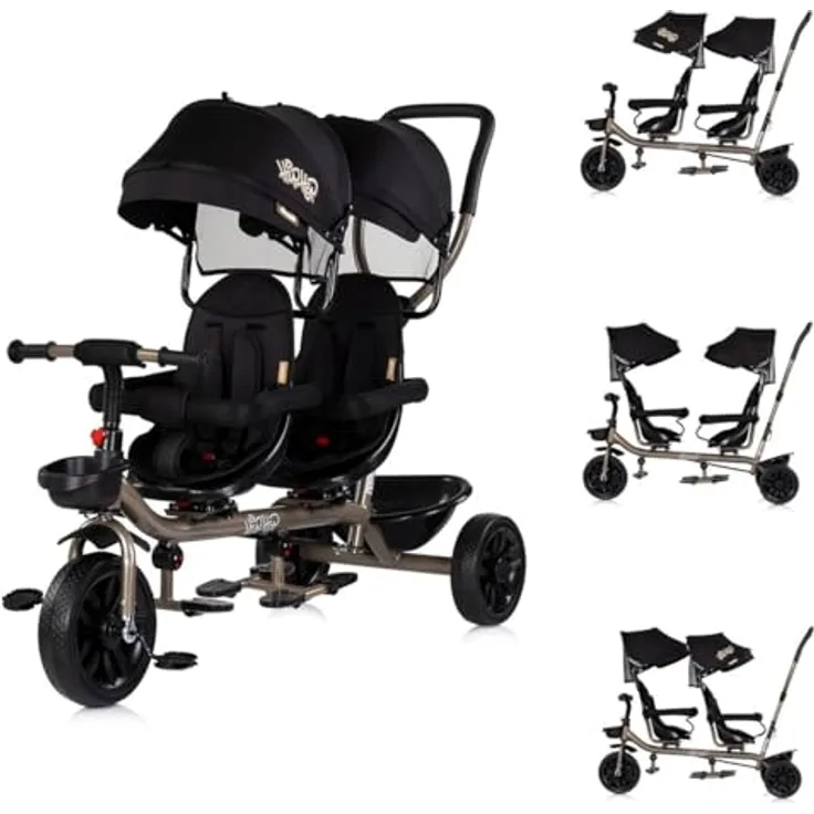Chipolino Zwillingsdreirad Hip Hop, für zwei Kinder bis 40 kg, 360° drehbare Sitze, Schwarz