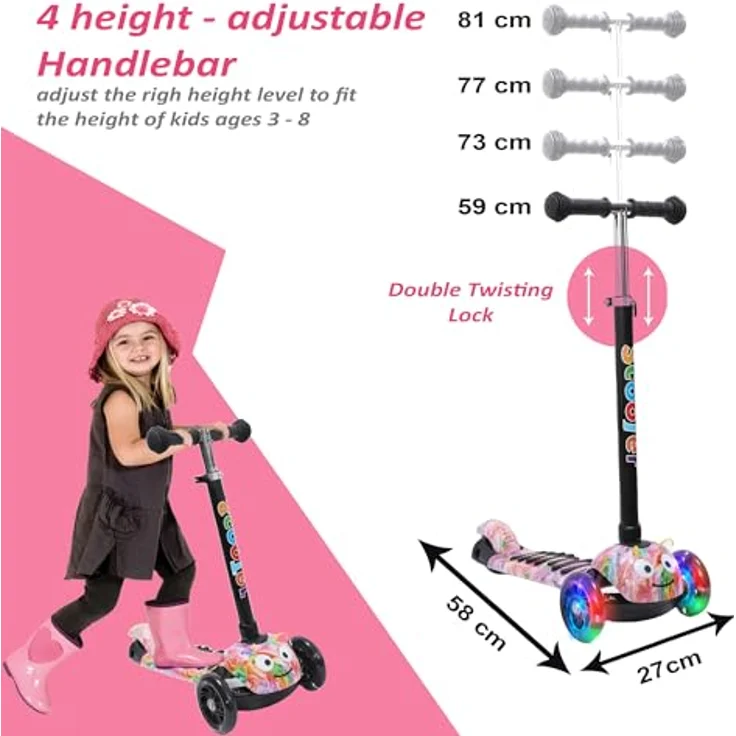 Habib Gruppe Kinderroller, 3-Räder Kinderscooter mit LED-Rädern, Höhenverstellung, rutschfester Plattform, für Jungen & Mädchen 3-8 Jahre, Max. 50 KG – Bild 3