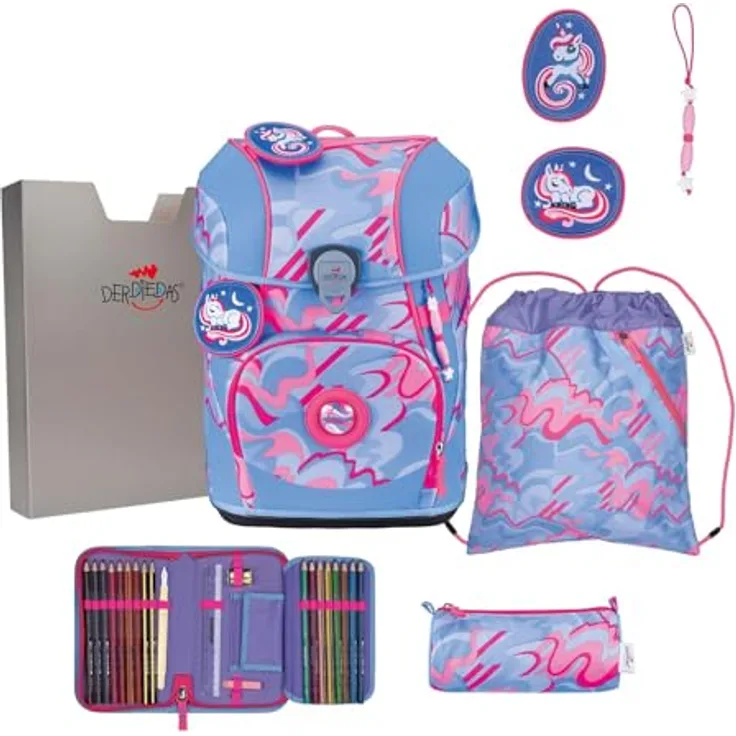 DerDieDas Schulranzen ErgoFlex Tiny Superflash Set 6-teilig, ergonomisches Design, hellblau, Magic Unicorn mit hoher Sichtbarkeit und durchdachtem Stauraum