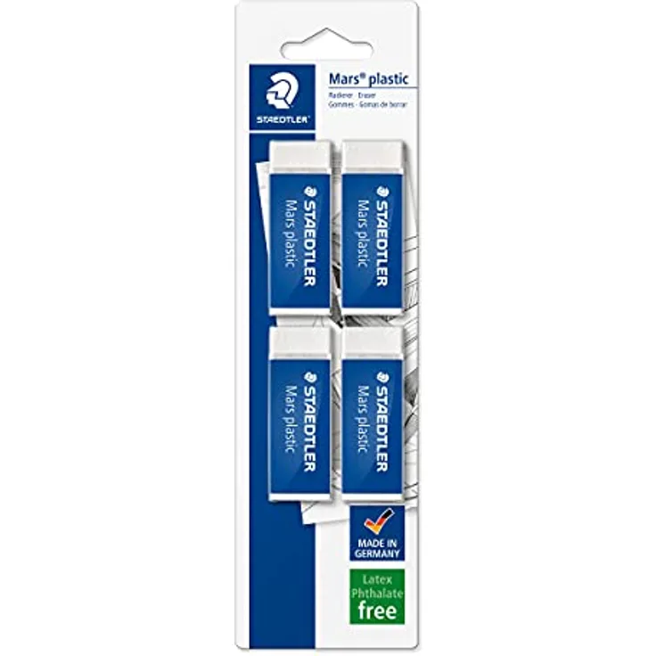STAEDTLER Mars 52650BK4DA plastic Radiergummi, 4 Stück im Set, Premium-Qualität, geringe Krümelbildung, erstklassige Radierergebnisse, kein Abfärben, absolut alterungsbeständig