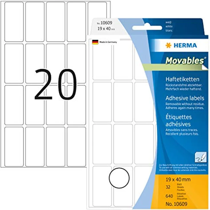 HERMA 10609 Etiketten ablösbar weiß, 32 Blatt, 19 x 40 mm, 20 pro Bogen, 640 Aufkleber, selbstklebend, Vielzweck Klebeetiketten zum Beschriften, Universal Haftetiketten aus Papier, blanko – Bild 1