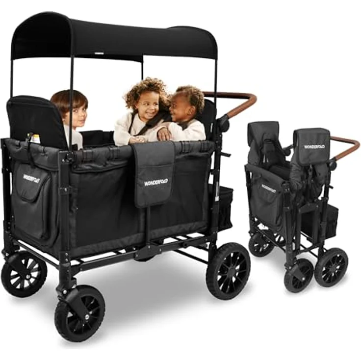 WONDERFOLD W4S 2.0 Multifunktions-Kinderwagen für 4 Passagiere, veganem Leder überzogen (schwarz) – Bild 1