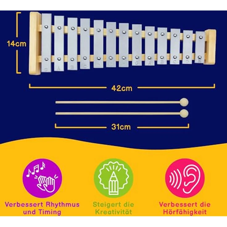 A-Star 13-Noten-Sopran-Glockenspiel-Xylophon mit silbernen Tasten, 2 Oktaven G5 bis E6, inklusive zwei Holzschlägel – Bild 3