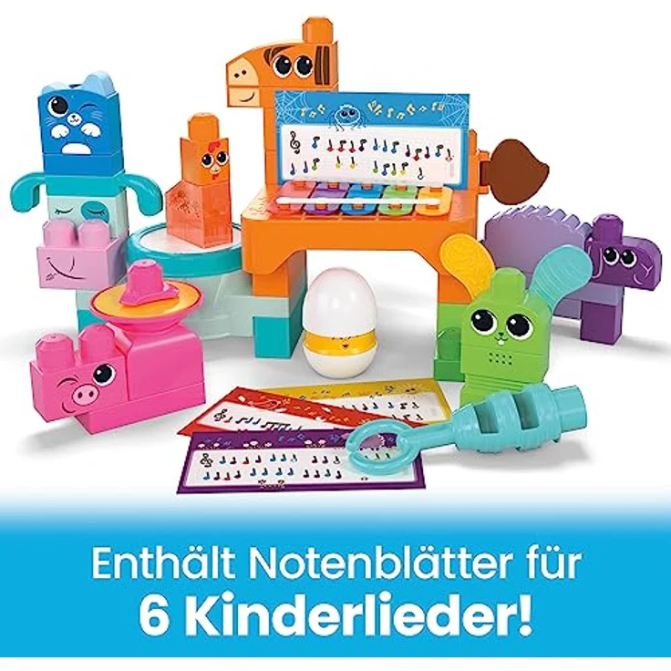 MEGA BLOCKS Fisher-Price sensorisches Bauspielzeugset, Musikspaß Bauernhoftiere mit 45 Bauklötzen für Kleinkinder und 6 Notenblättern, Geschenkideen für Kinder ab 1 Jahr, HPB46 – Bild 4