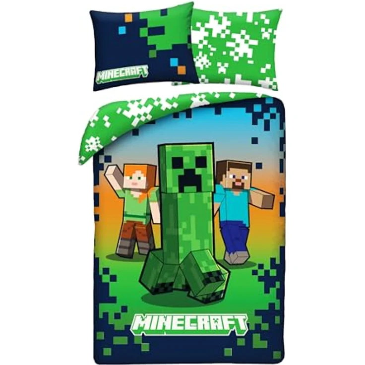 Halantex Minecraft Bettwäsche-Set Creeper Steve Alex, wendbar, 140 x 200 cm + Kissenbezug 70 x 90 cm, 100 % Polyester, grün, schadstoffgeprüft nach Oeko-Tex Standard 100