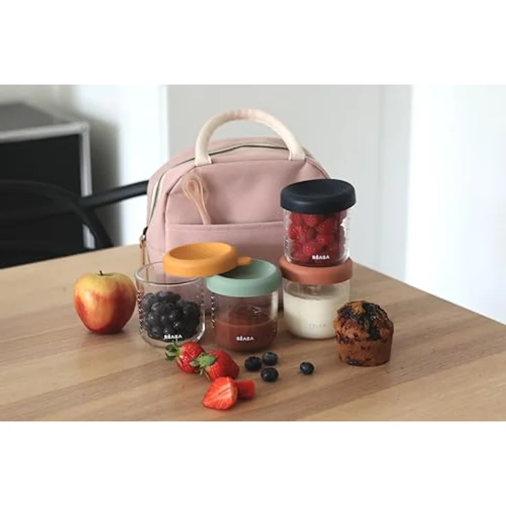 Beaba Glasportionenset, Babynahrungsbehälter mit 4 x 250 ml Portionengläschen, hitzebeständig und mit hermetischen Silikondeckeln, transparent – Bild 8