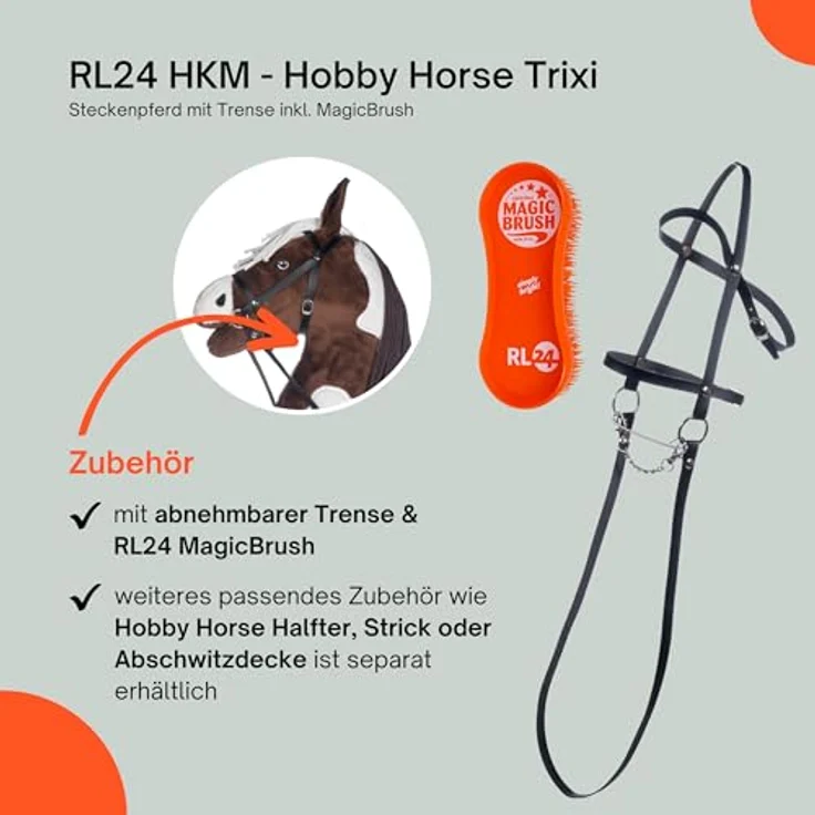 RL24 Hobby Horse Trixi, Steckenpferd aus Plüsch mit Holzstock, langer Mähne und Trense, braun/weiß, ohne Griffe & Rollen für Hobby Horsing – Bild 5