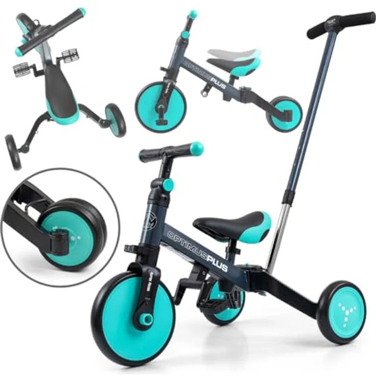 Milly Mally 4-in-1-Dreirad Optimus Plus Blue Mint mit Elterngriff und verstellbarem Lenker – Bild 1