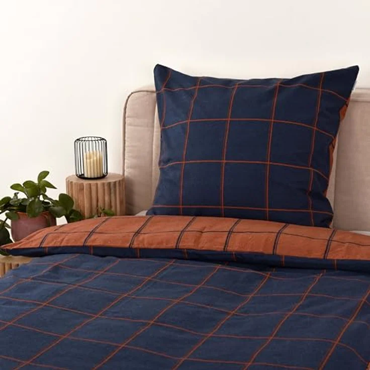 TOM TAILOR Flanell-Bettwäsche LARGE CHECK Blau, Braun (Dark Navy & Rusty Red), 100% Baumwolle, Wendemotiv, farbiger Markenreißverschluss – Bild 3