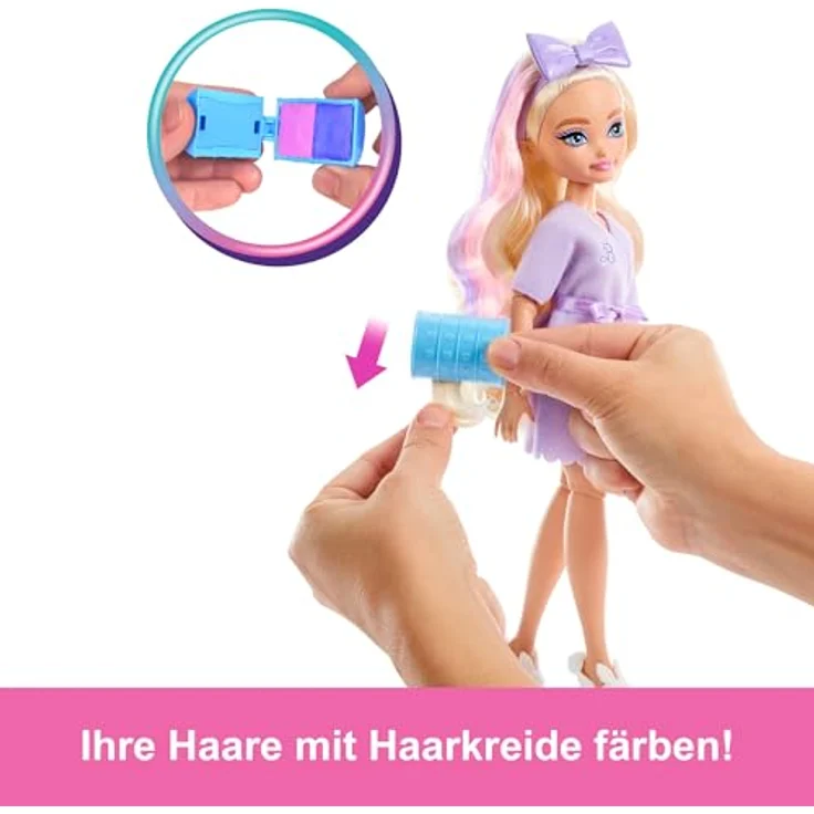 Barbie Dream Besties Anziehpuppe, "Get Ready With Me" Malibu, Haarspiel Puppe mit Bademantel und Make-up-Palette – Bild 5