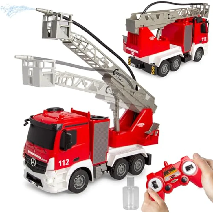 Jamara Feuerwehr Drehleiter Mercedes-Benz Antos 1:26, ferngesteuertes Modell mit 2,4GHz Funkfernsteuerung und Spritzfunktion für Kinder ab 6 Jahren – Bild 1
