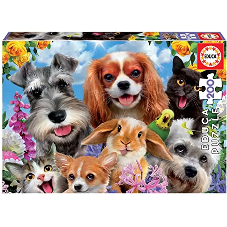 Educa Puzzle 200 Teile, Selfie-Haustierparade, ab 6 Jahren, FSC-zertifiziert, inklusive Puzzle-Kleber, gelegte Größe 40 x 28 cm