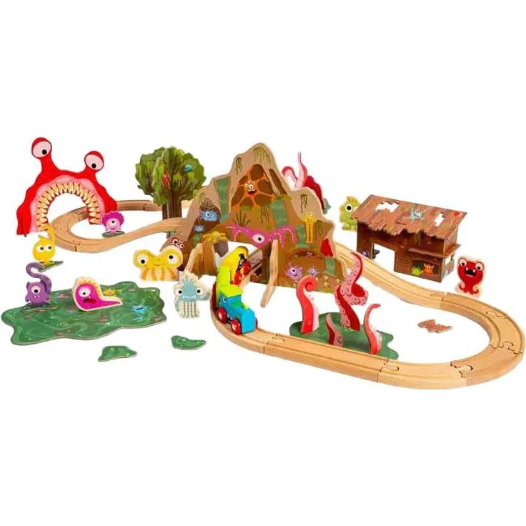 Bigjigs Holz-Monstereisenbahn-Set, 50-tlg. aus hochwertigem Holz, fördert Kreativität und Motorik, für Kinder ab 3 Jahren