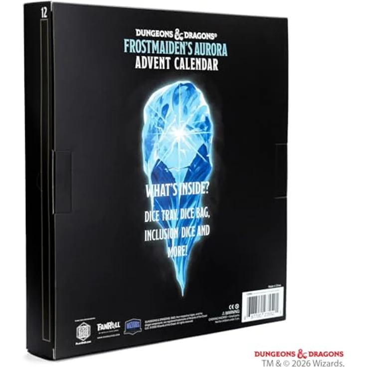 FanRoll Dungeons and Dragons Adventskalender Frostmaiden's Aurora, inklusive 12 D&D Zubehörteile, Würfeltablett und Mega-D20 – Bild 4