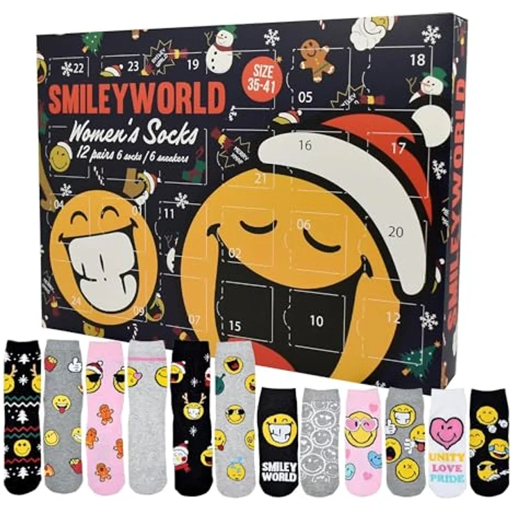 United Labels SmileyWorld Adventskalender, 12 Paar bunte Socken für Damen, Größe 35-41, inklusive Sneaker- und langen Socken, ideales Weihnachtsgeschenk – Bild 1