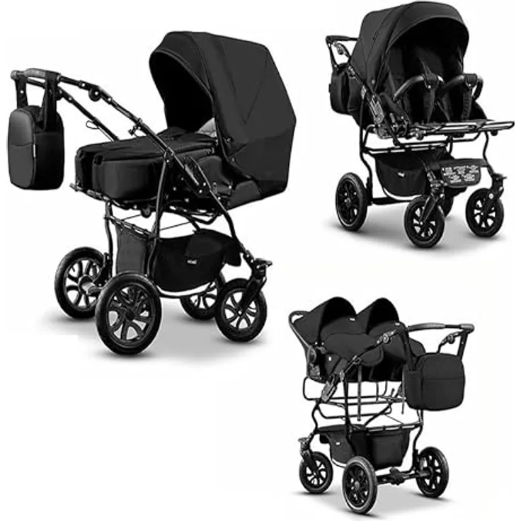 Elcar Zwillingskinderwagen 3 in 1 City Twin - 15 Teile - in Schwarz, mit variabler Montage und großem Komfort