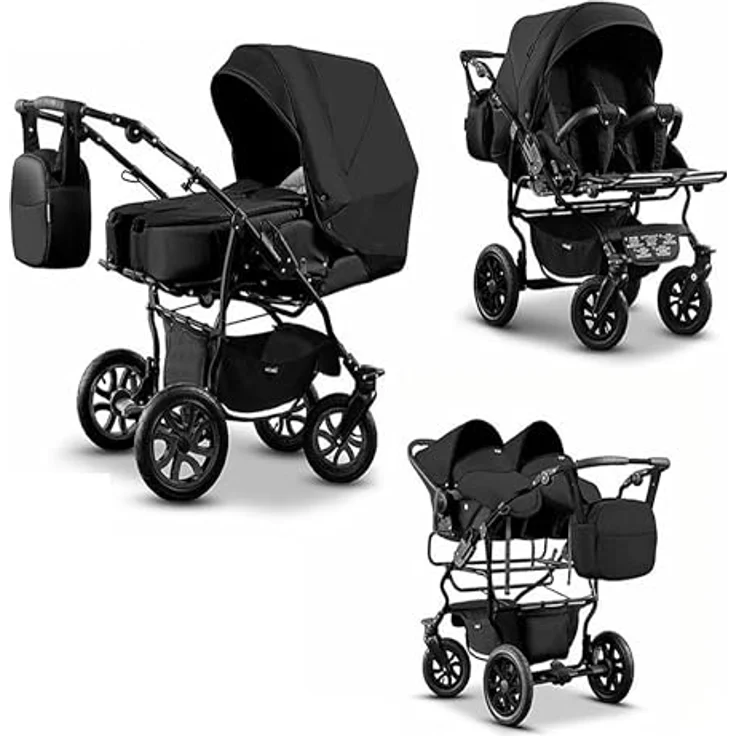 Elcar Zwillingskinderwagen 3 in 1 City Twin - 15 Teile - in Schwarz, mit variabler Montage und großem Komfort – Bild 1