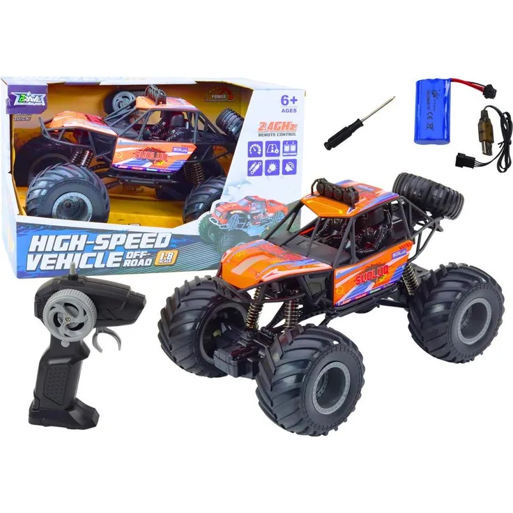 Wisam Off-Road Ferngesteuertes RC Auto 1:8 mit Stoßdämpfern, Orange, 12 km/h, 2,4G Fernbedienung, Licht- und Soundeffekte