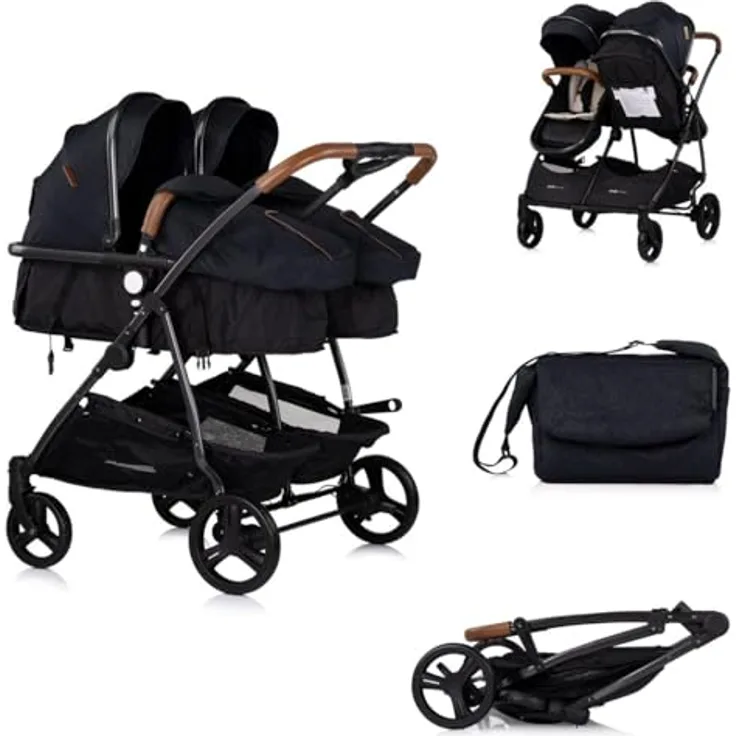Chipolino Geschwisterkinderwagen Duo Smart klappbar umbaubar verstellbar Fußsack, Farbe: schwarz beige, Zwillingswagen ab Geburt, 22 kg je Sitz, lenkerbremse, 360° schwenk- oder feststellbare Vorderräder