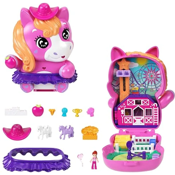 Polly Pocket Pony-Rodeo-Schatulle JCR39, Spielset mit 1 Puppe, 2 Pferdchen und 10 Zubehörteilen für Mode und Essen, tragbares Spielzeug für unterwegs