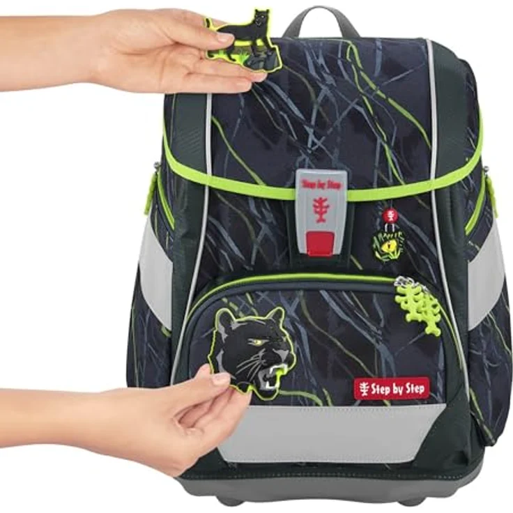 Step by Step Schulranzen-Set 2IN1 PLUS „Danger Cat Chiko“, grau-grün, ergonomischer Tornister mit Reflektoren, höhenverstellbar mit Hüftgurt, 19L, 6-teilig für Jungen ab der 1. Klasse – Bild 3