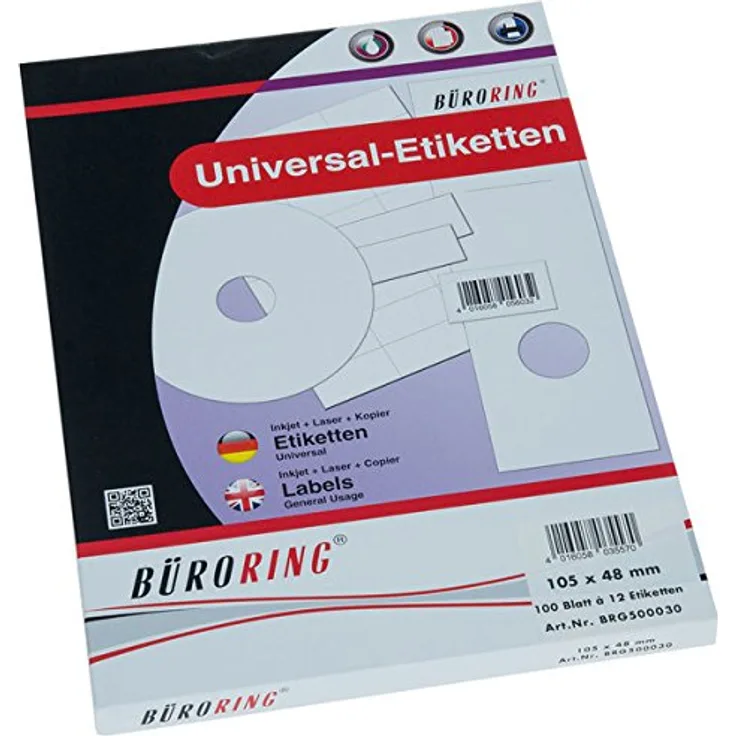 Büroring Etiketten A4, 105 x 48mm, 1200 Etiketten, 100 Blatt