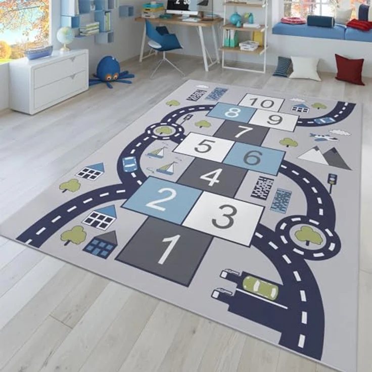 TT Home Kinderzimmerteppich, rutschfest mit Straßenmotiven, grau, 200x290 cm – Bild 1