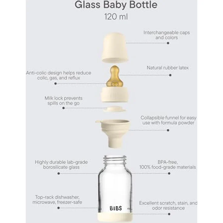 Bibs Glas-Flasche Baby Bottle Round 120 ml, Latex-Trinksauger langsamer Nahrungsfluss, BPA-frei, Antikolik-Design, Sage – Bild 3