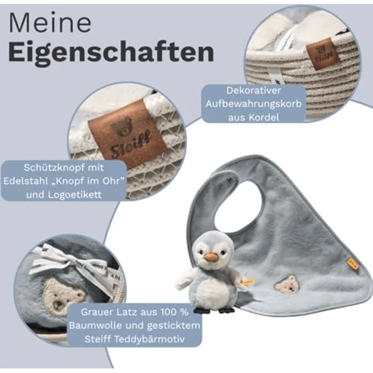 Steiff Pinguin Lio Geschenkset, Rassel & Latz aus 100% grauer Baumwolle, 22 cm, mit dekorativem Aufbewahrungskorb – Bild 3