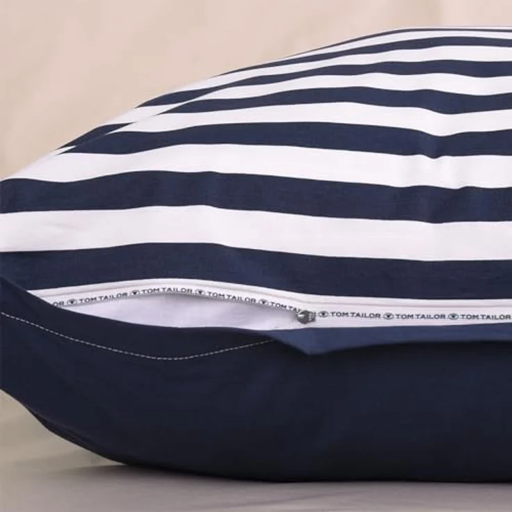 TOM TAILOR Perkal-Bettwäsche, mit Wendemotiv und farbiger Paspel, 100% Baumwolle, STRIPES WITH A KICK Blau, Beige (Dark Navy/Sunny Sand) – Bild 4