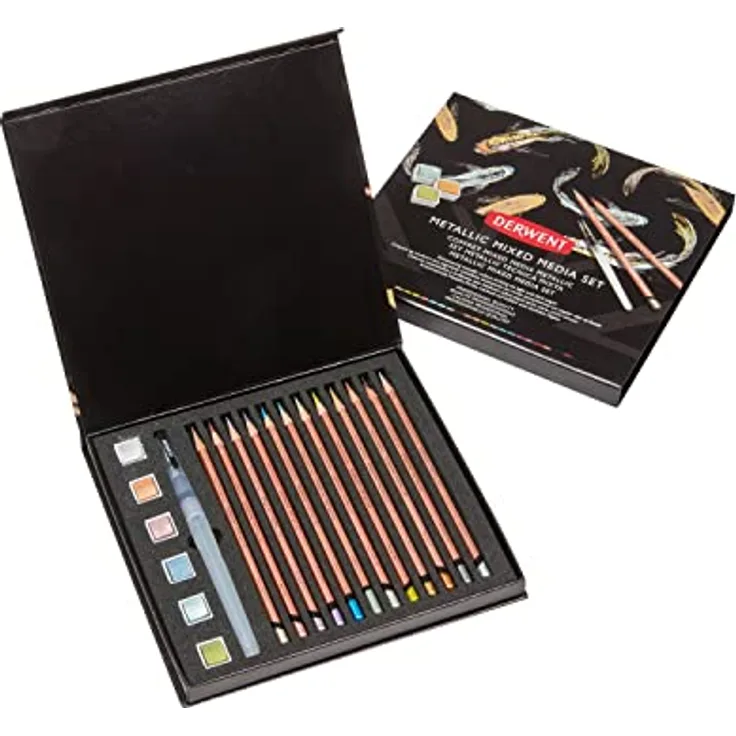 Derwent Metallic Mischtechnik-Farbset, weiche Buntstifte und wasserlösliche Farbe, 19er-Set, ideal für Bastler und Kunsthandwerk, Geschenkbox, 2305948