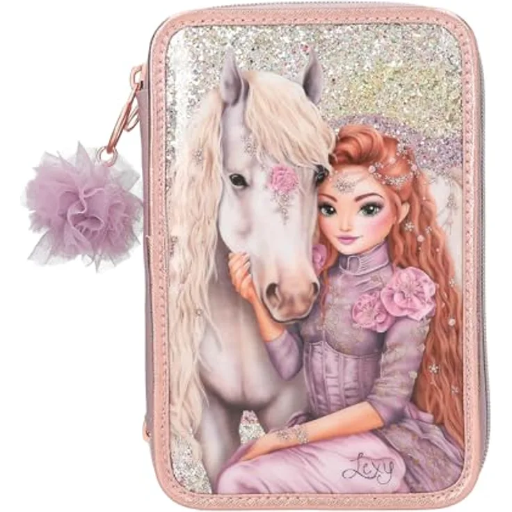 Depesche 13292 TOPModel Viva Violet - Gefüllte 3-Fach Federtasche in Lila, mit Model Motiv, Pferd und Glitzer, inkl. Buntstiften, Lineal, Schere UVM.