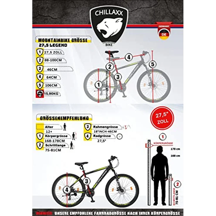 Chillaxx Bike Legend Aluminium 24, 26, 27,5 und 29 Zoll Shimano Mountainbike MTB Fahrrad für Jungen Mädchen Herren und Damen 21 Gang Schaltung Herrenrad Damenrad (27,5 Zoll, Schwarz-Lime Disc-Bremse) – Bild 5