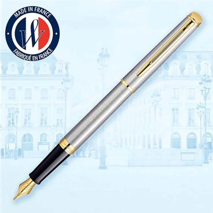 Waterman Hémisphère, Schreibstift aus gebürstetem Edelstahl mit goldplattierten Details, blau – Bild 2