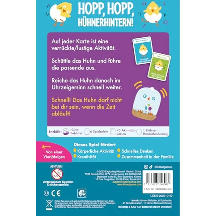Exploding Kittens, Hopp, hopp, Hühnerhintern!, Kinderspiel, Reaktionsspiel, 2-6 Spieler, Ab 4+ Jahren, 2 Minuten, Deutsch – Bild 4
