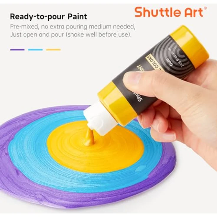 Shuttle Art Metallic Pouring Acrylfarben Set, 24 Stück in 60 ml Flaschen, vorgemischte Acrylfarben mit Silikonöl für Leinwand, Holz, Stein und Papier, ungiftig – Bild 4
