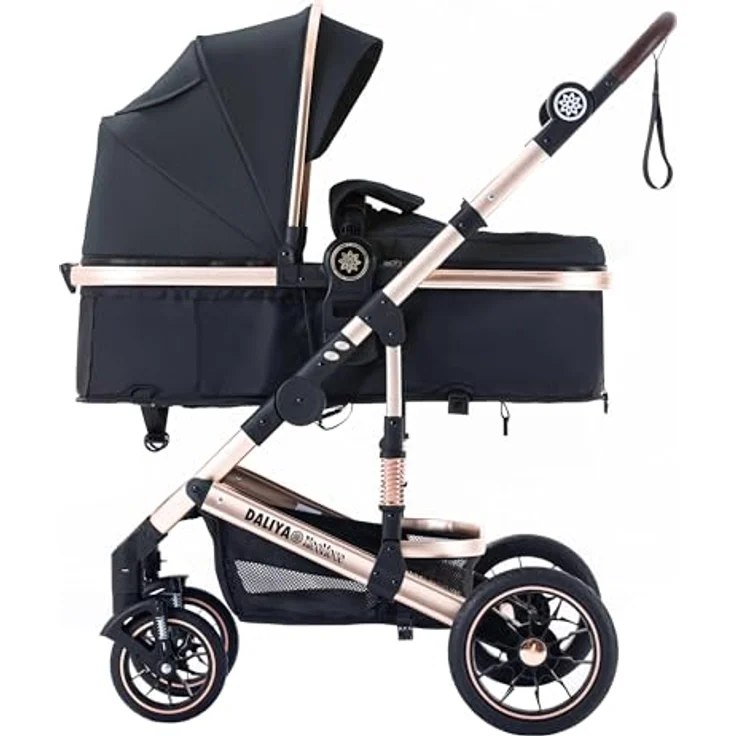 Daliya® NEOMOVE 2in1 Kombi-Kinderwagen, klappbare Babywanne und Sportsitz, große pannensichere Räder, leichter Aluminium-Rahmen, großer Einkaufskorb, Gold-Schwarz – Bild 1