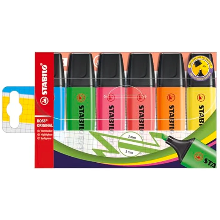 STABILO BOSS ORIGINAL Textmarker, nachfüllbar, 5 mm, 6er Set in Rot, Gelb, Blau, Orange, Pink und Grün – Bild 1