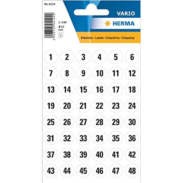 HERMA 4124, Zahlen Aufkleber schwarz, 240 Stück, rund, Ø 12 mm, selbstklebend, matt, Hausnummern Sticker aus Papier