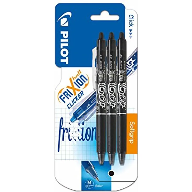 Pilot FriXion Ball Clicker, radierbarer Schreibstift mit 0,7 mm Spitze, schwarz, 3er Pack