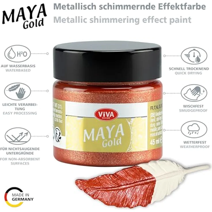 Viva Decor Maya Gold 45ml (Kupfer), Metallic-Acrylfarbe für Holz, Glas und Porzellan, stoßfest und wetterfest für glänzende Metall-Effekte – Bild 3