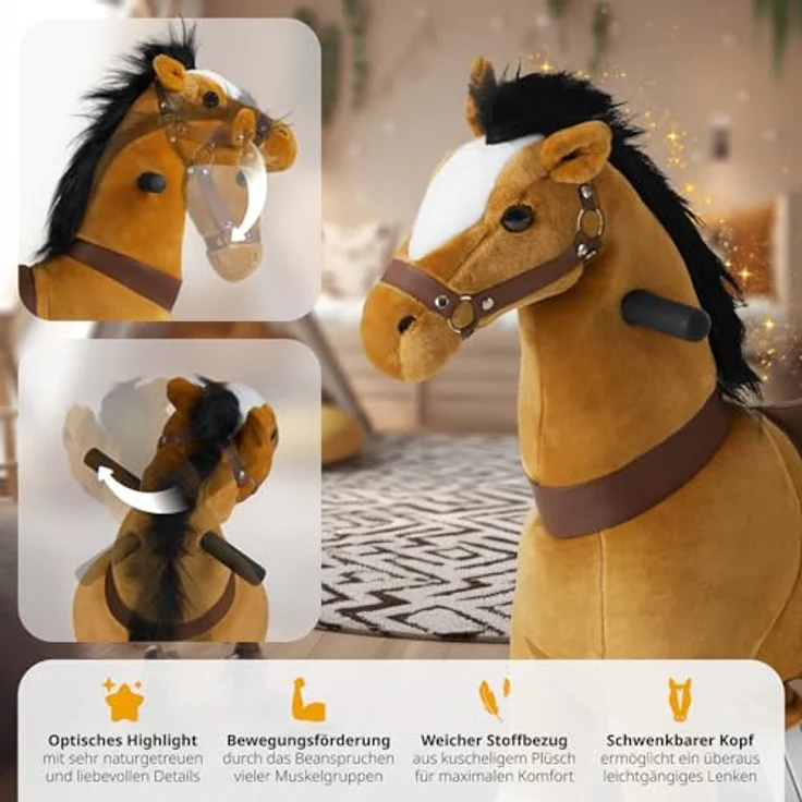 tectake® Schaukelpferd, Plüsch Pferd auf Rollen, Spielzeug zum Reiten, Stehpferd für Kinder, Rollpferd Outdoor - 29 x 76 x 85 cm, realistisches Design, weicher Plüsch, robustes Stahlgestell – Bild 3