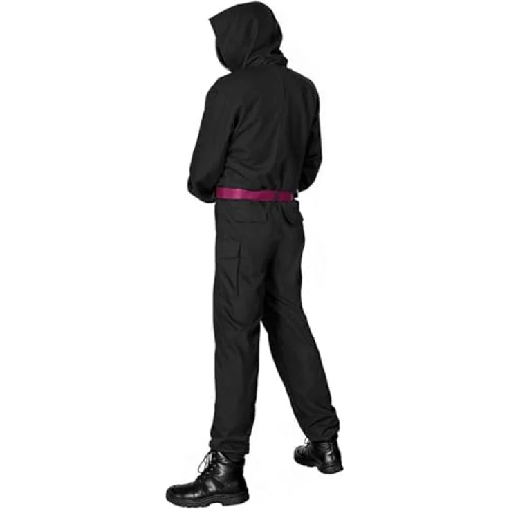 Bandai Squid Game Maskierter Offizier Kostüm, schwarzer Overall mit pinkfarbenem Reißverschluss und Gürtel, XXL – Bild 3