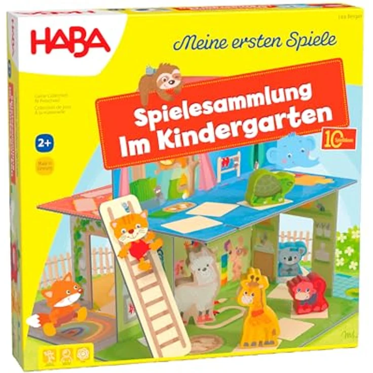 HABA Im Kindergarten Spielesammlung, 10 Spielideen im 3D-Spielhaus mit 5 Holzfiguren, ab 2 Jahren – Bild 1