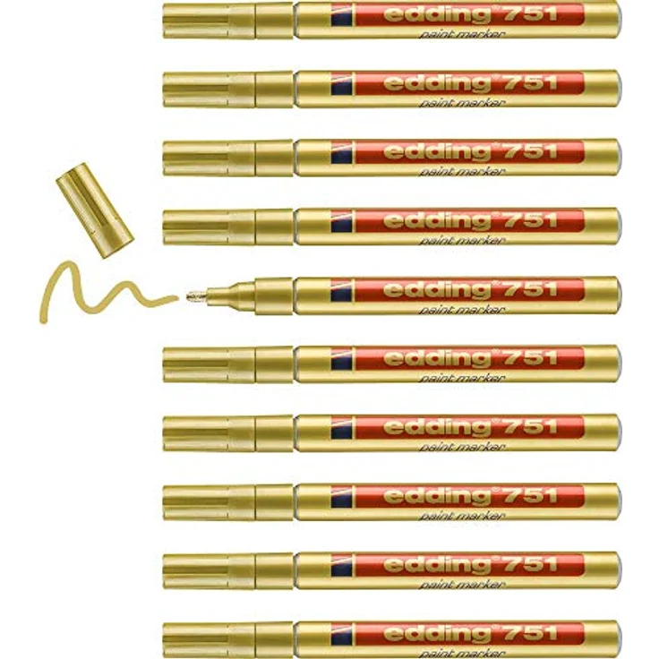 edding 751 Lackmarker - gold - 10 Lackmarker - Rundspitze 1-2 mm - Lackstift für Glas, Stein, Holz, Kunststoff und Papier - wasserfest, stark deckend – Bild 1
