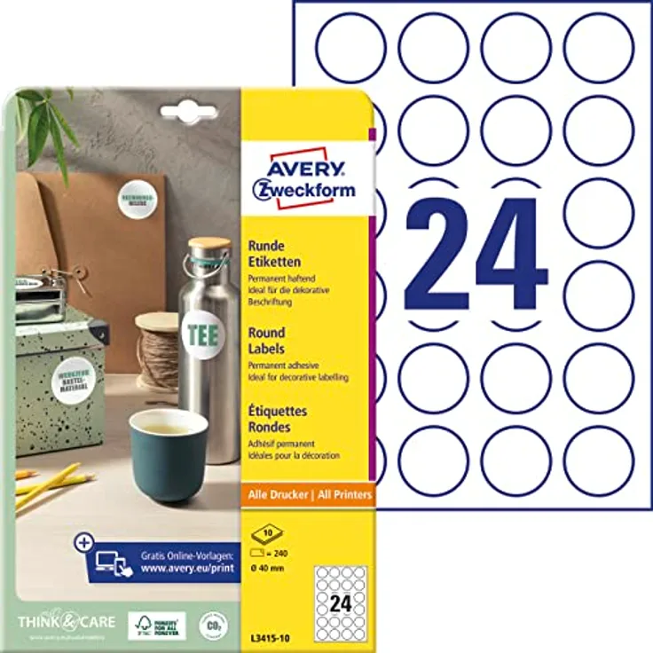 AVERY Zweckform Runde Etiketten L3415-10 (240 Aufkleber auf 10 Blatt, zum Bedrucken, selbstklebend, Ø 40 mm, A4, Klebepunkte zum Kennzeichnen von Unterlagen, Produkten) weiß
