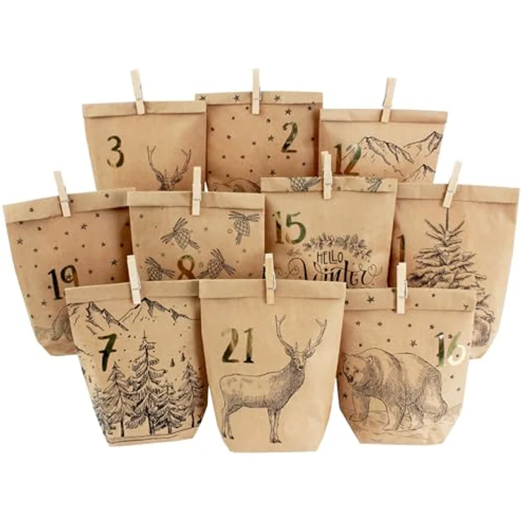 PAPIERDRACHEN Adventskalender zum Befüllen - 24 Bedruckte Geschenktüten und 24 Zahlenaufkleber und Klammern - Motiv Cozy Winter schwarz - zum Basteln und Verschenken - Weihnachten - Preisvergleich – Bild 1