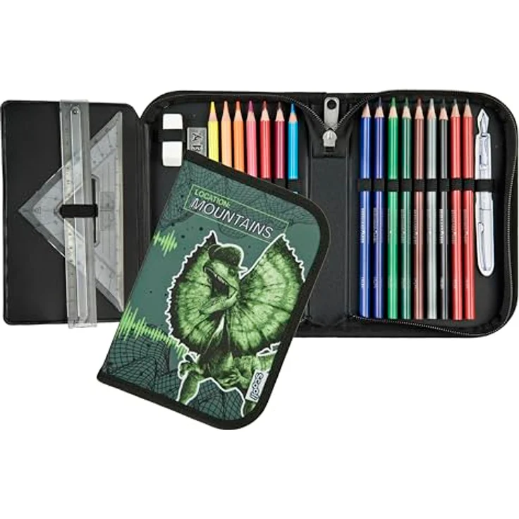 Scooli Jurassic World Gefülltes Schüleretui, Komplettes Etui mit 14 Buntstiften, 2 Bleistiften, Radierer und mehr - Praktisch für Jungen ab 6 Jahren – Bild 3
