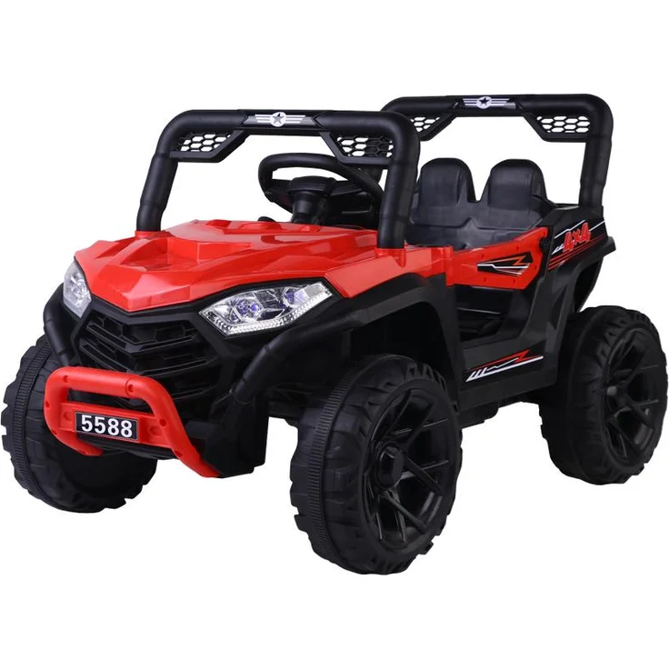 BoGi Elektro-Kinderbuggy BJNA5588, 12V – 4x38W, Schaukelfunktion, Musik-Panel mit USB & AUX, LED-Beleuchtung, Pink/Rott/Weiß