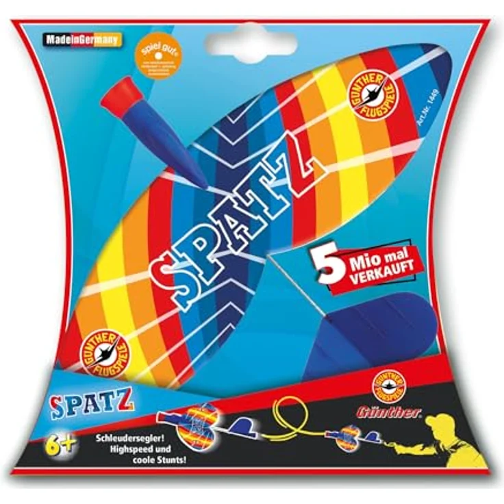 GÜNTHER FLUGSPIELE 1449 Schleudersegler Spatz, ca. 24 x 20 cm, mit folienbespannten Flügeln und roter Sicherheitsnase, flexible Heckflosse für Loopingflüge, geeignet für Kinder ab 6 Jahren – Bild 2